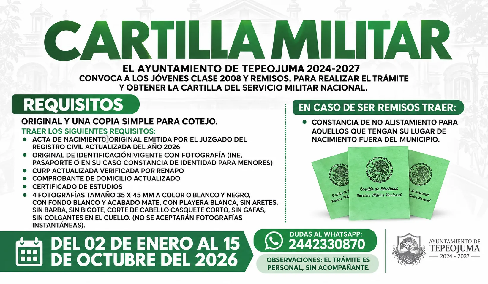 Cartel de la convocatoria a la Cartilla Militar 2026 para jóvenes clase 2008 y remisos, con los requisitos, el periodo del 2 de enero al 15 de octubre de 2026 y el WhatsApp 244 233 0870 para dudas.