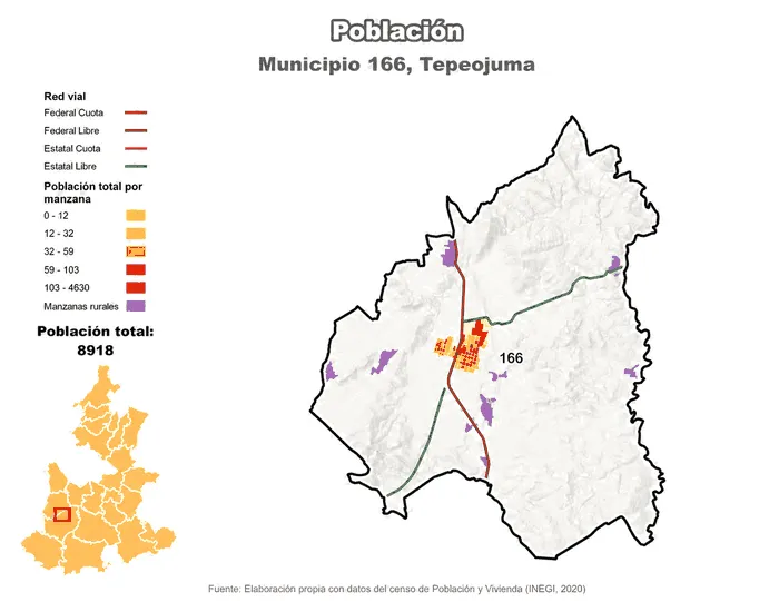 Mapa del municipio de Tepeojuma con la distribución de población por manzana